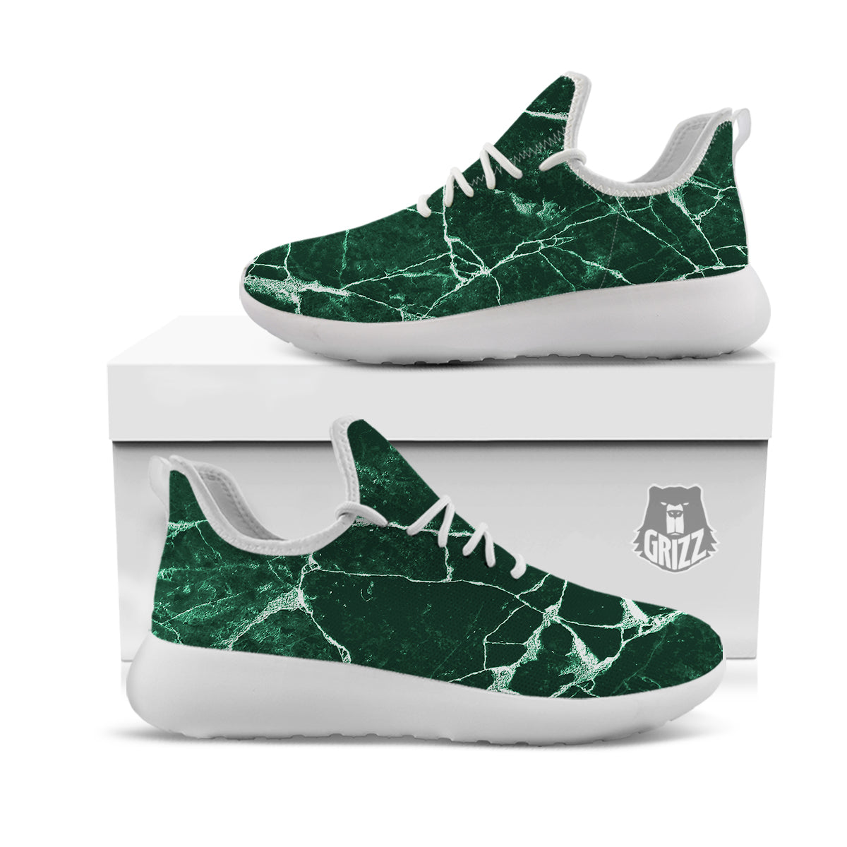 White And Dark Green Marble Texture Print White Athletic Shoes-grizzshop