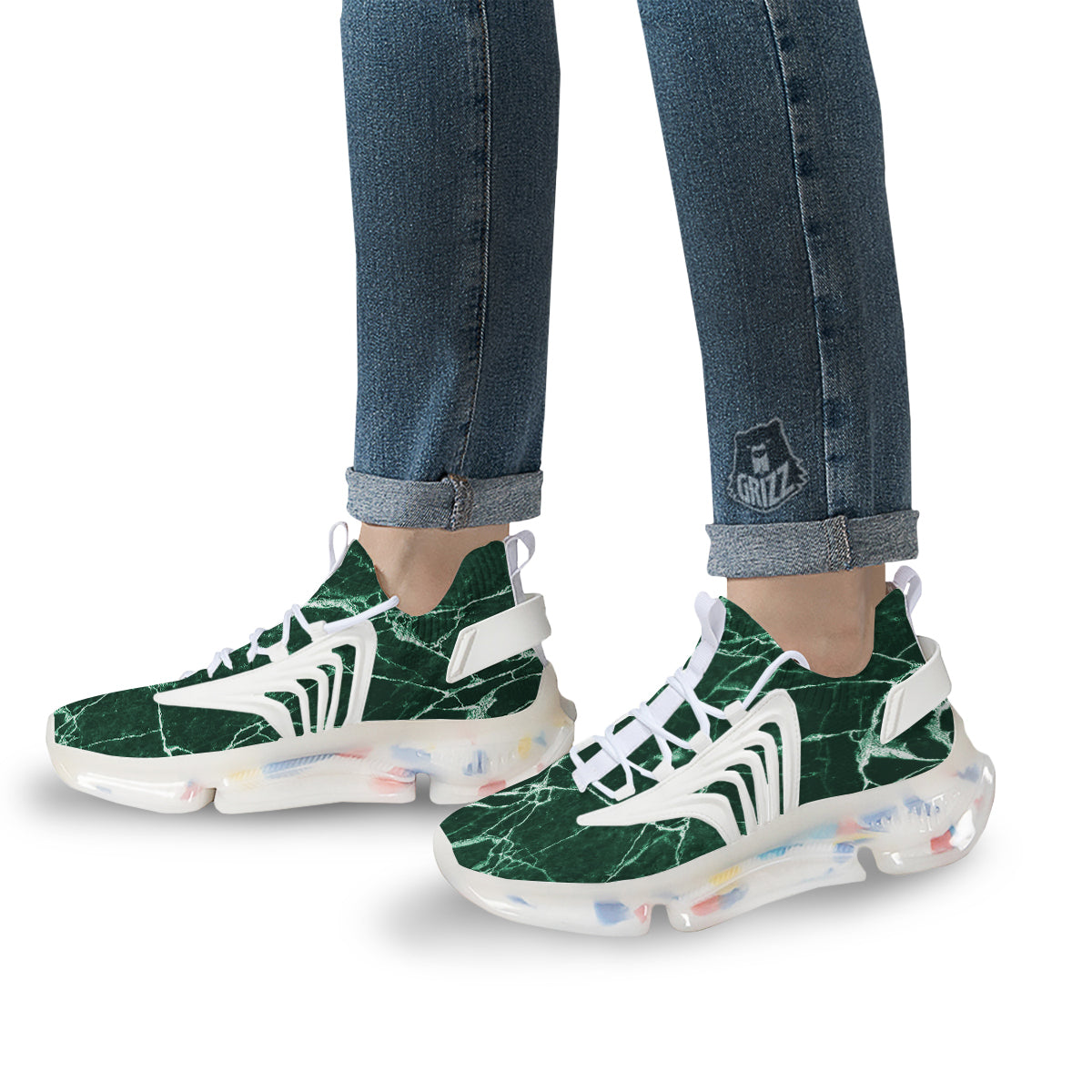 White And Dark Green Marble Texture Print White Gym Shoes-grizzshop