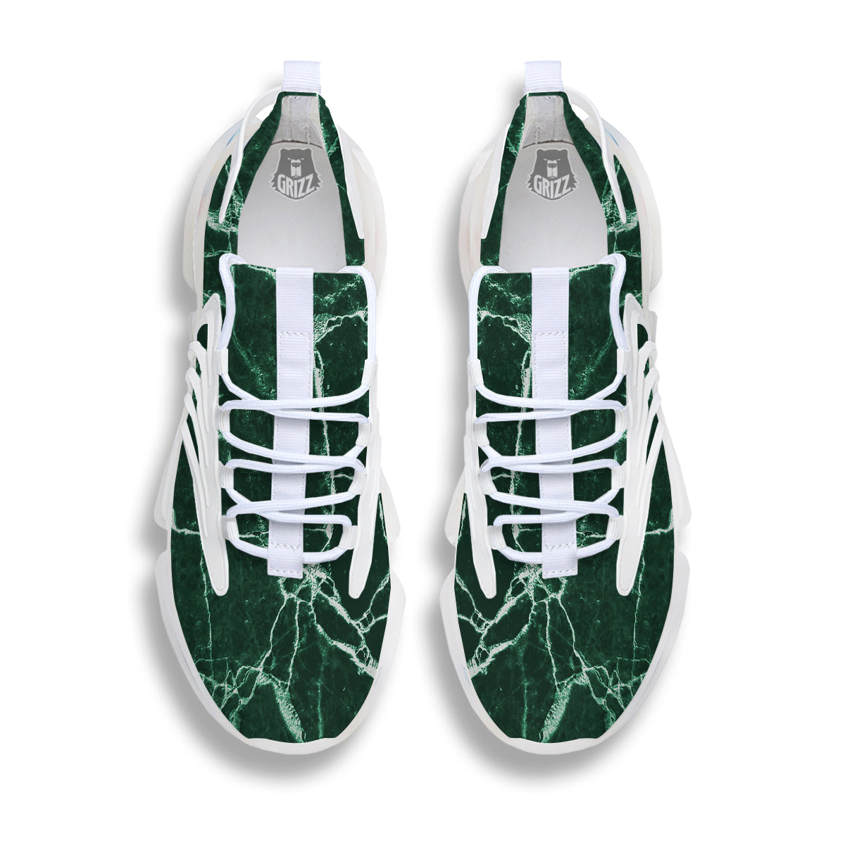 White And Dark Green Marble Texture Print White Gym Shoes-grizzshop