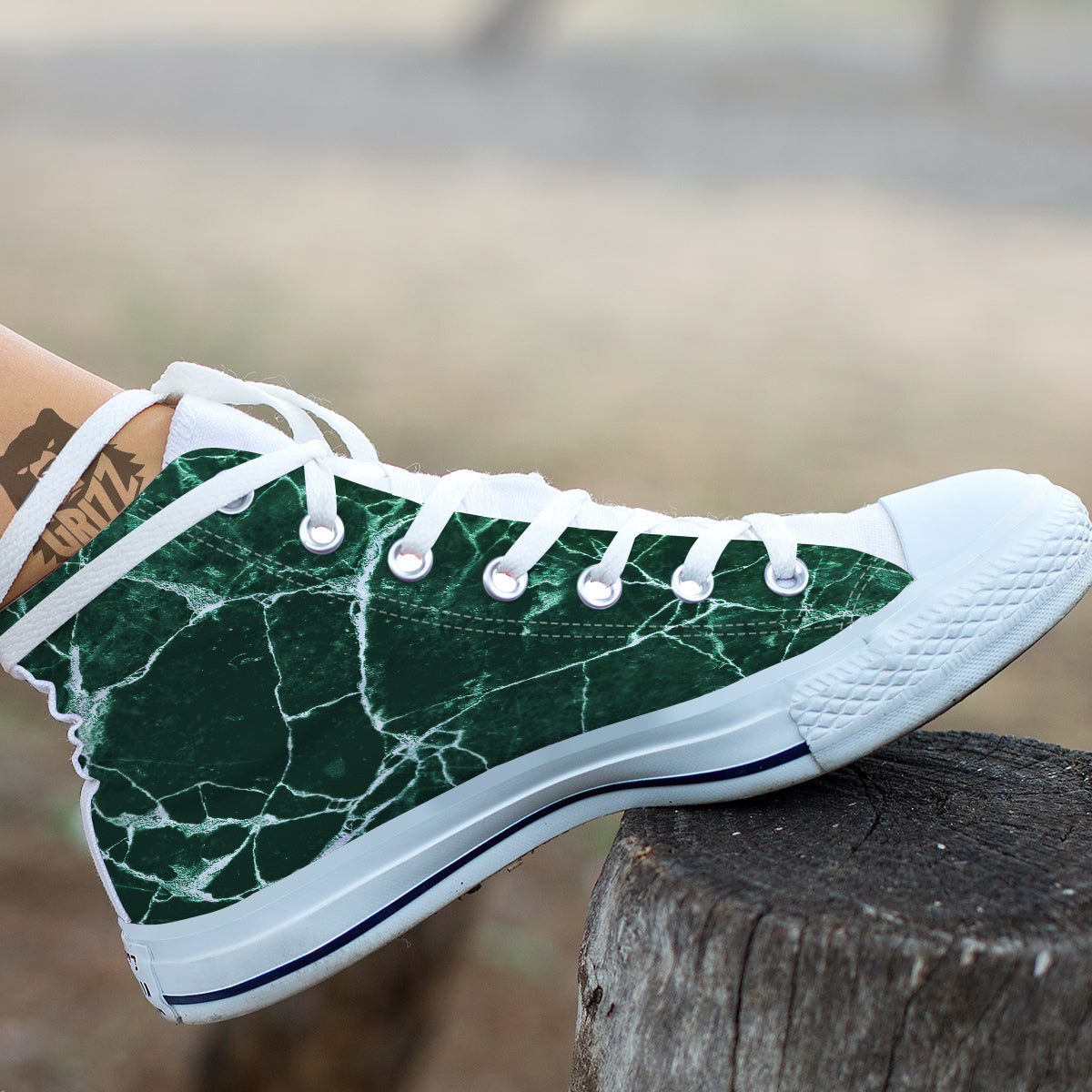 White And Dark Green Marble Texture Print White High Top Shoes-grizzshop