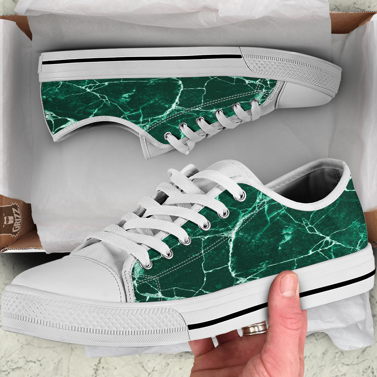White And Dark Green Marble Texture Print White Low Top Shoes-grizzshop