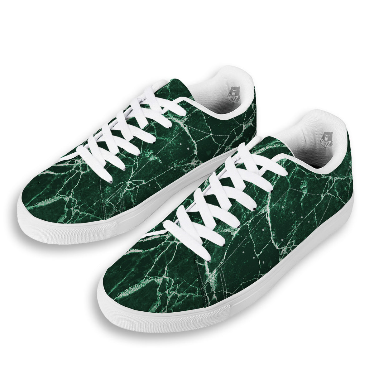 White And Dark Green Marble Texture Print White Low Top Sneakers-grizzshop