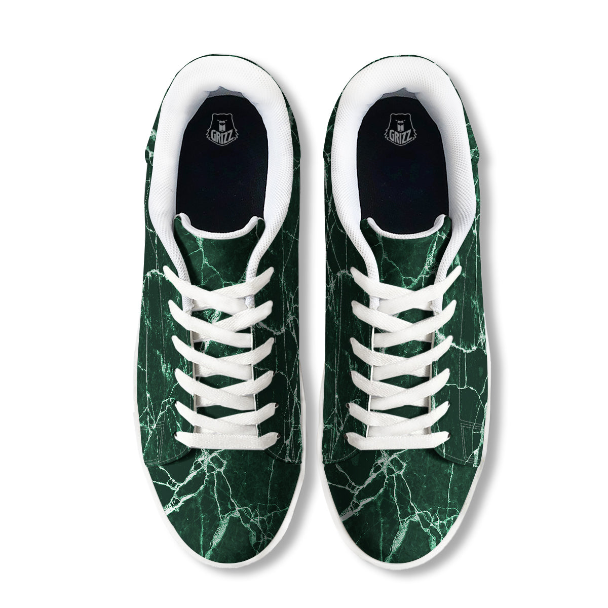 White And Dark Green Marble Texture Print White Low Top Sneakers-grizzshop