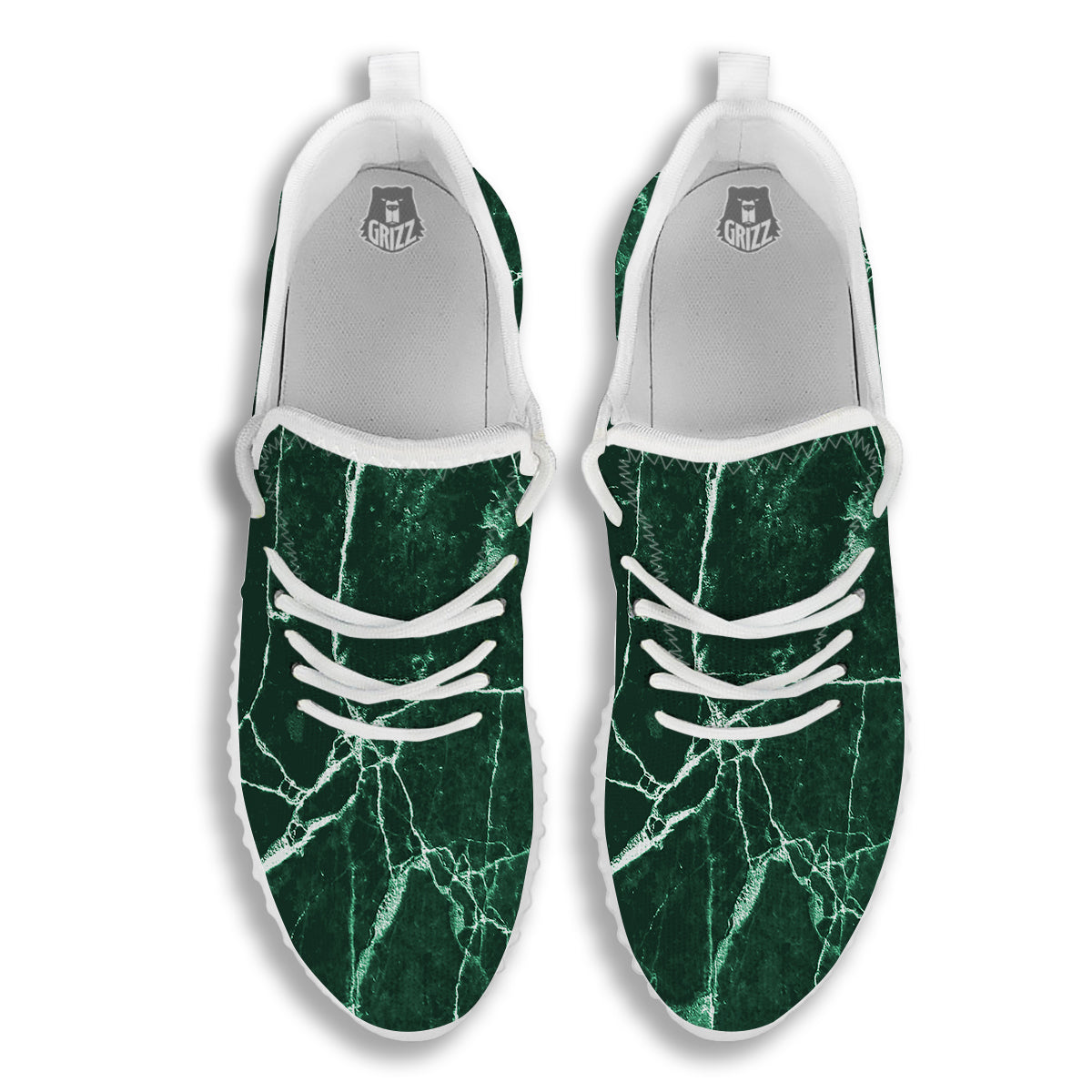 White And Dark Green Marble Texture Print White Walking Shoes-grizzshop