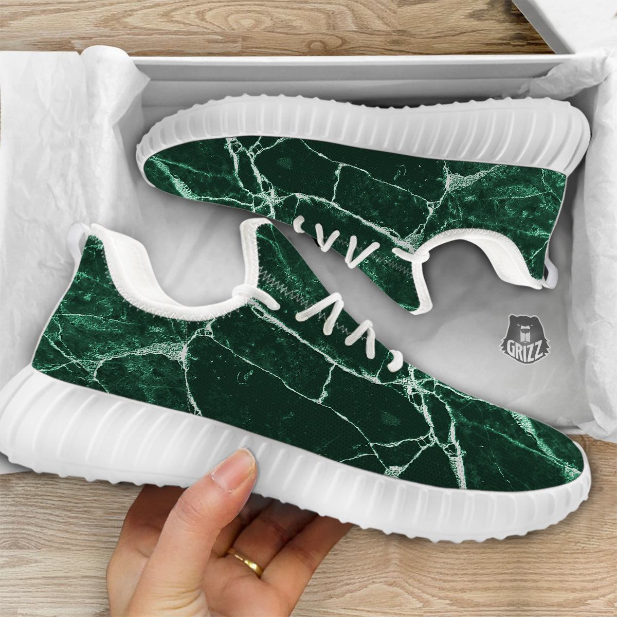 White And Dark Green Marble Texture Print White Walking Shoes-grizzshop