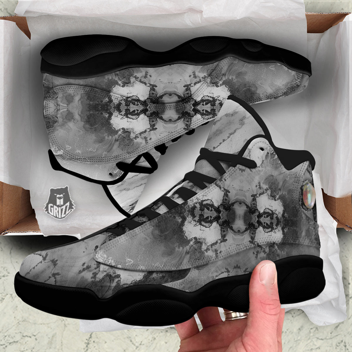White And Dark Grey Marble Print Pattern Black Basketball Shoes-grizzshop