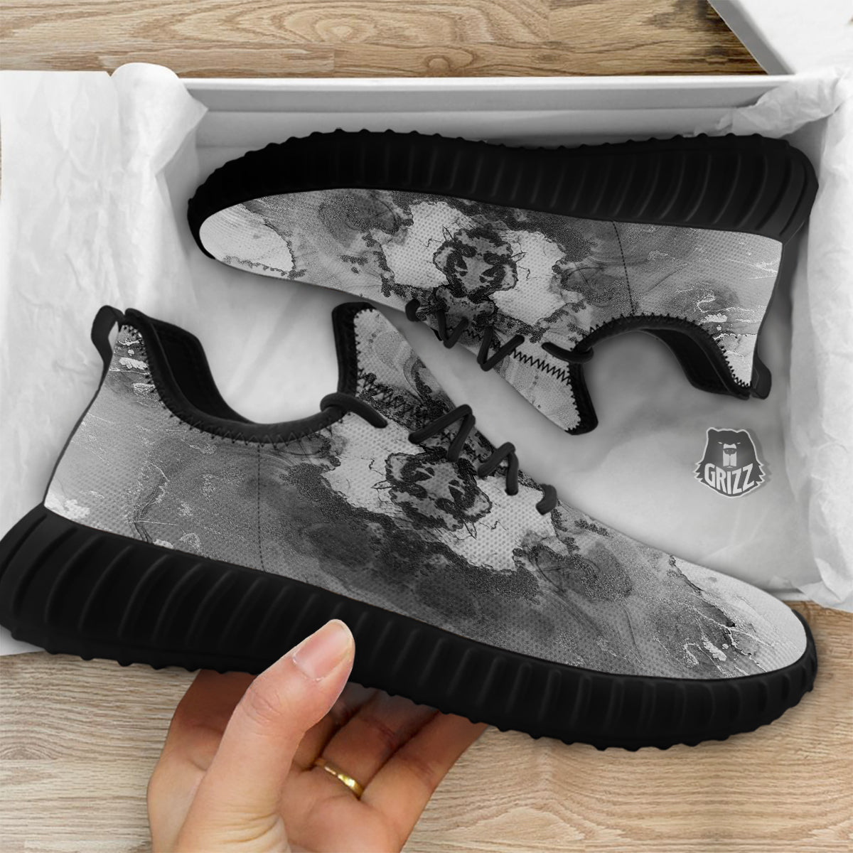 White And Dark Grey Marble Print Pattern Black Walking Shoes-grizzshop