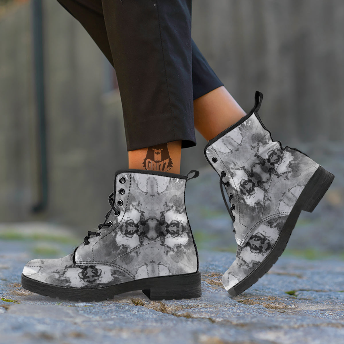 White And Dark Grey Marble Print Pattern Leather Boots-grizzshop