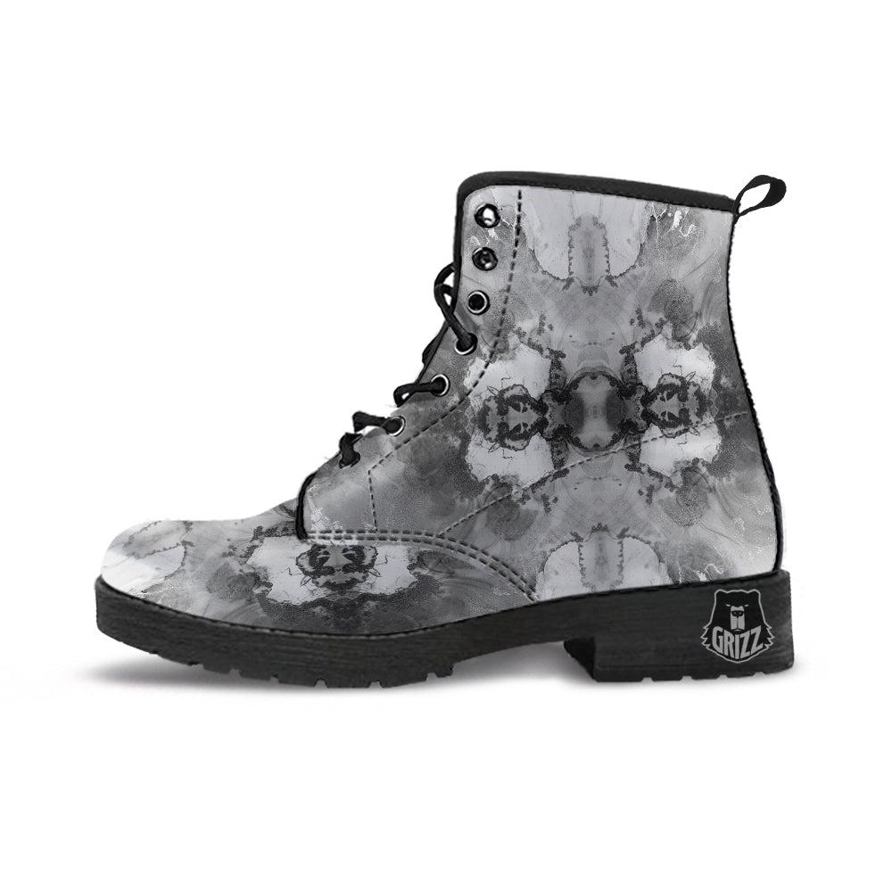 White And Dark Grey Marble Print Pattern Leather Boots-grizzshop