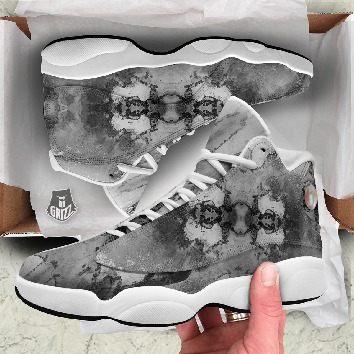 White And Dark Grey Marble Print Pattern White Basketball Shoes-grizzshop