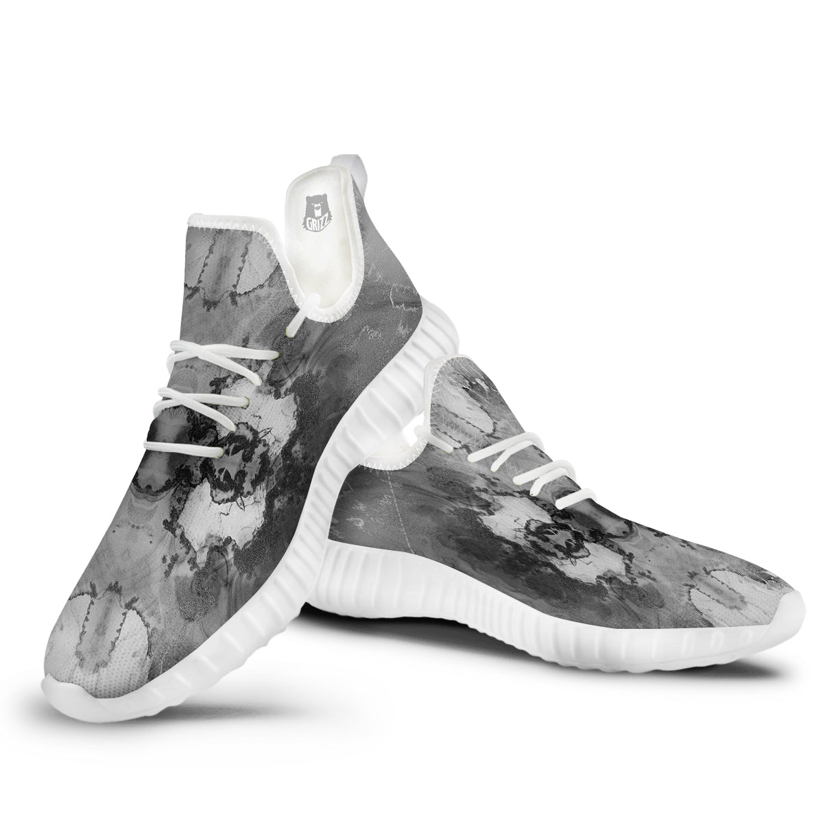 White And Dark Grey Marble Print Pattern White Walking Shoes-grizzshop
