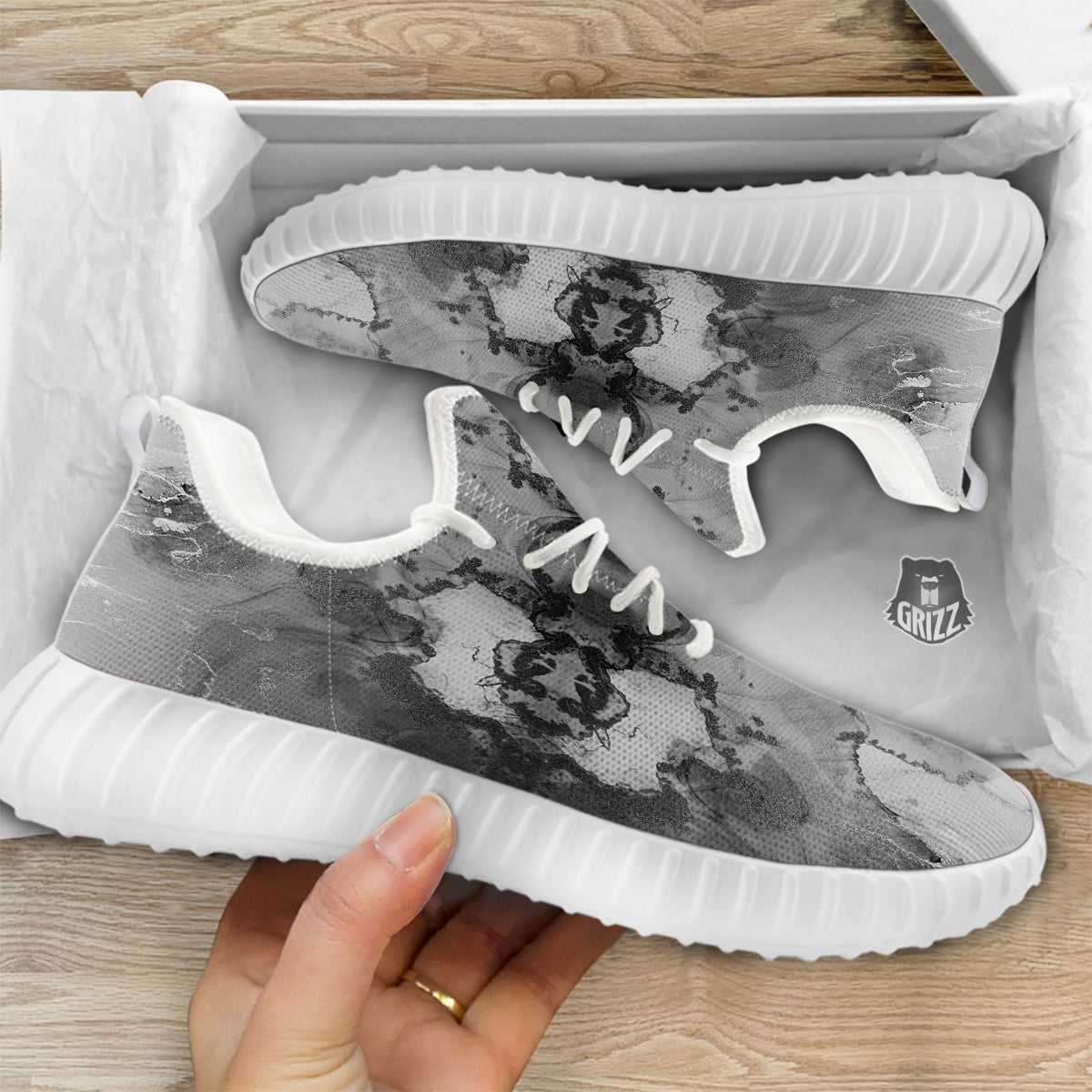 White And Dark Grey Marble Print Pattern White Walking Shoes-grizzshop