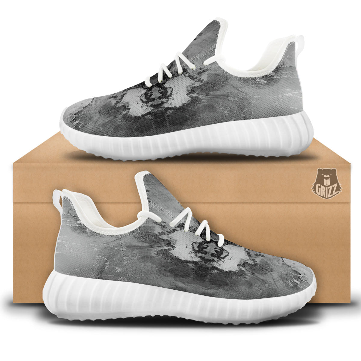 White And Dark Grey Marble Print Pattern White Walking Shoes-grizzshop