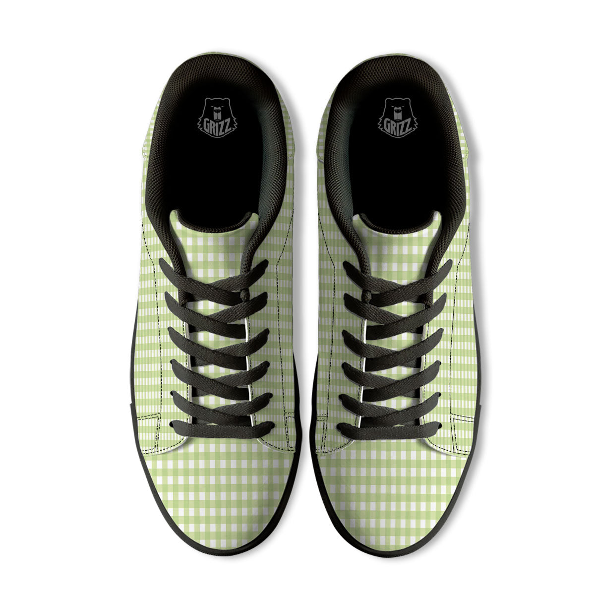 White And Green Check Print Pattern Black Low Top Sneakers-grizzshop