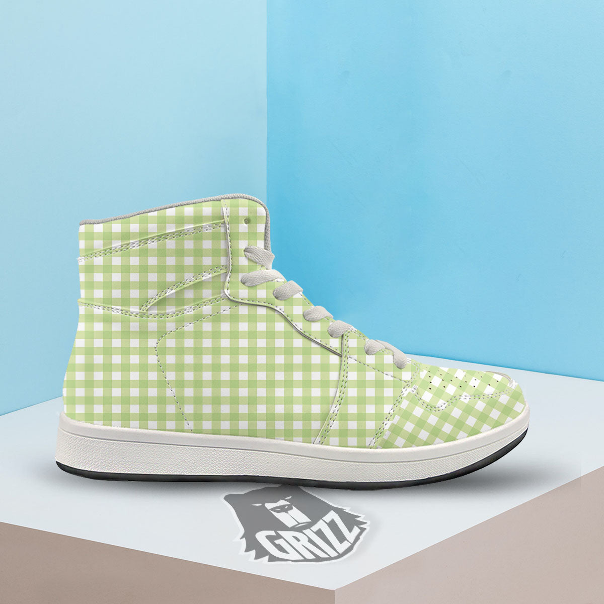 White And Green Check Print Pattern High Top Sneakers-grizzshop