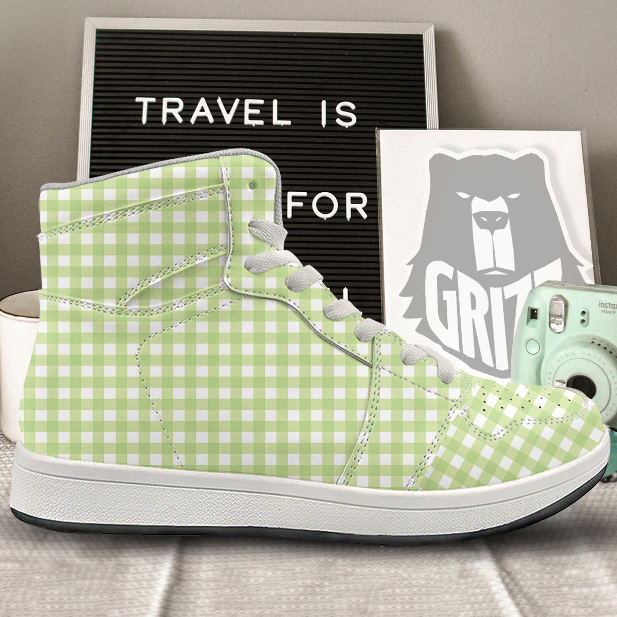 White And Green Check Print Pattern High Top Sneakers-grizzshop