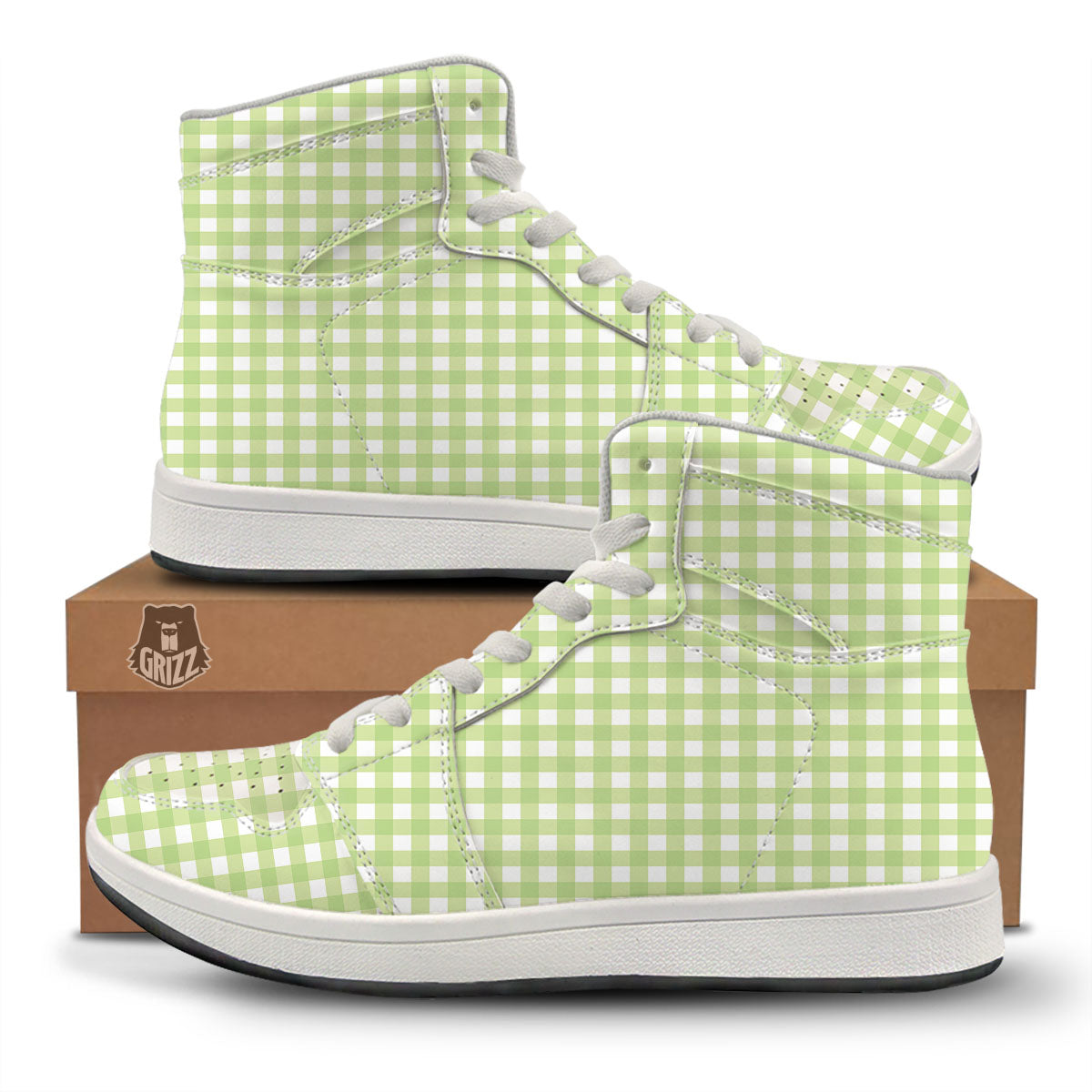White And Green Check Print Pattern High Top Sneakers-grizzshop