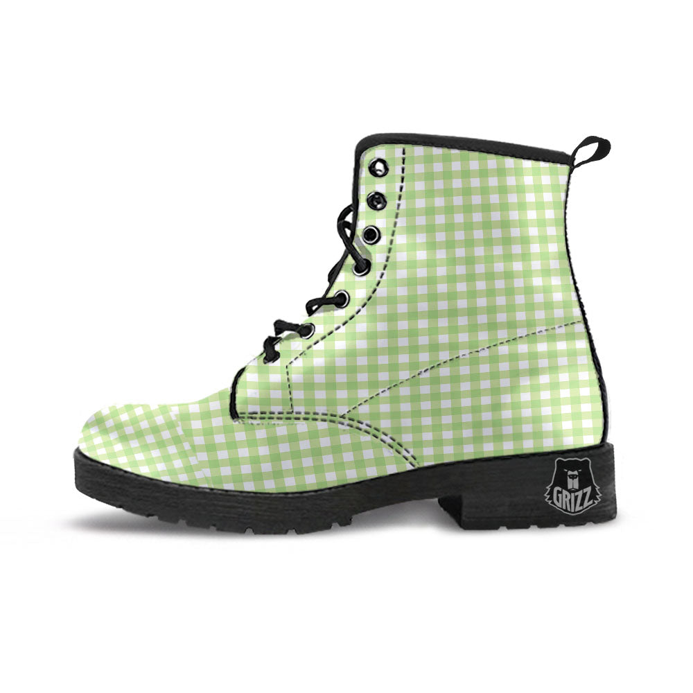 White And Green Check Print Pattern Leather Boots-grizzshop