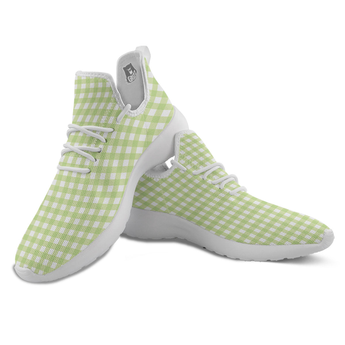 White And Green Check Print Pattern White Athletic Shoes-grizzshop