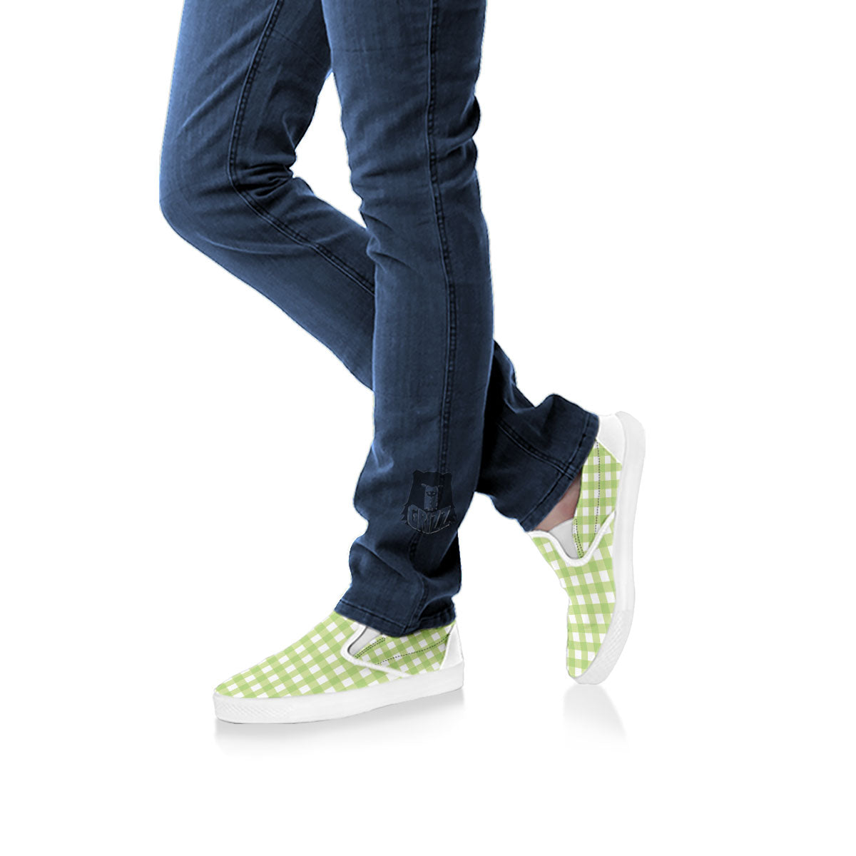 White And Green Check Print Pattern White Slip On Shoes-grizzshop