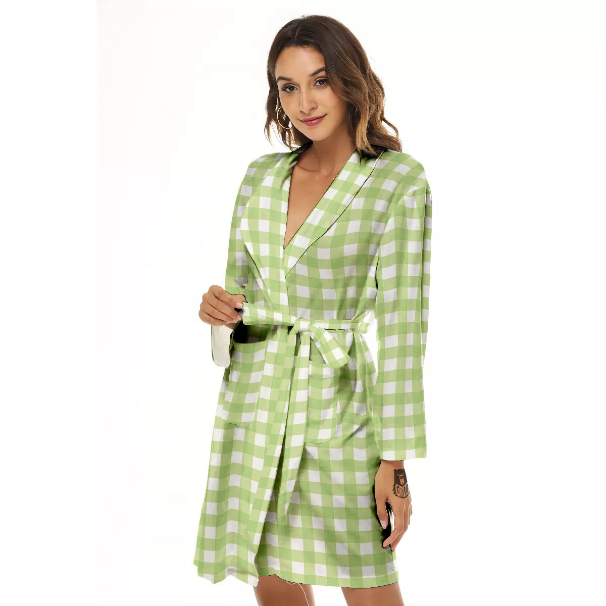 White And Green Check Print Pattern Women's Robe-grizzshop