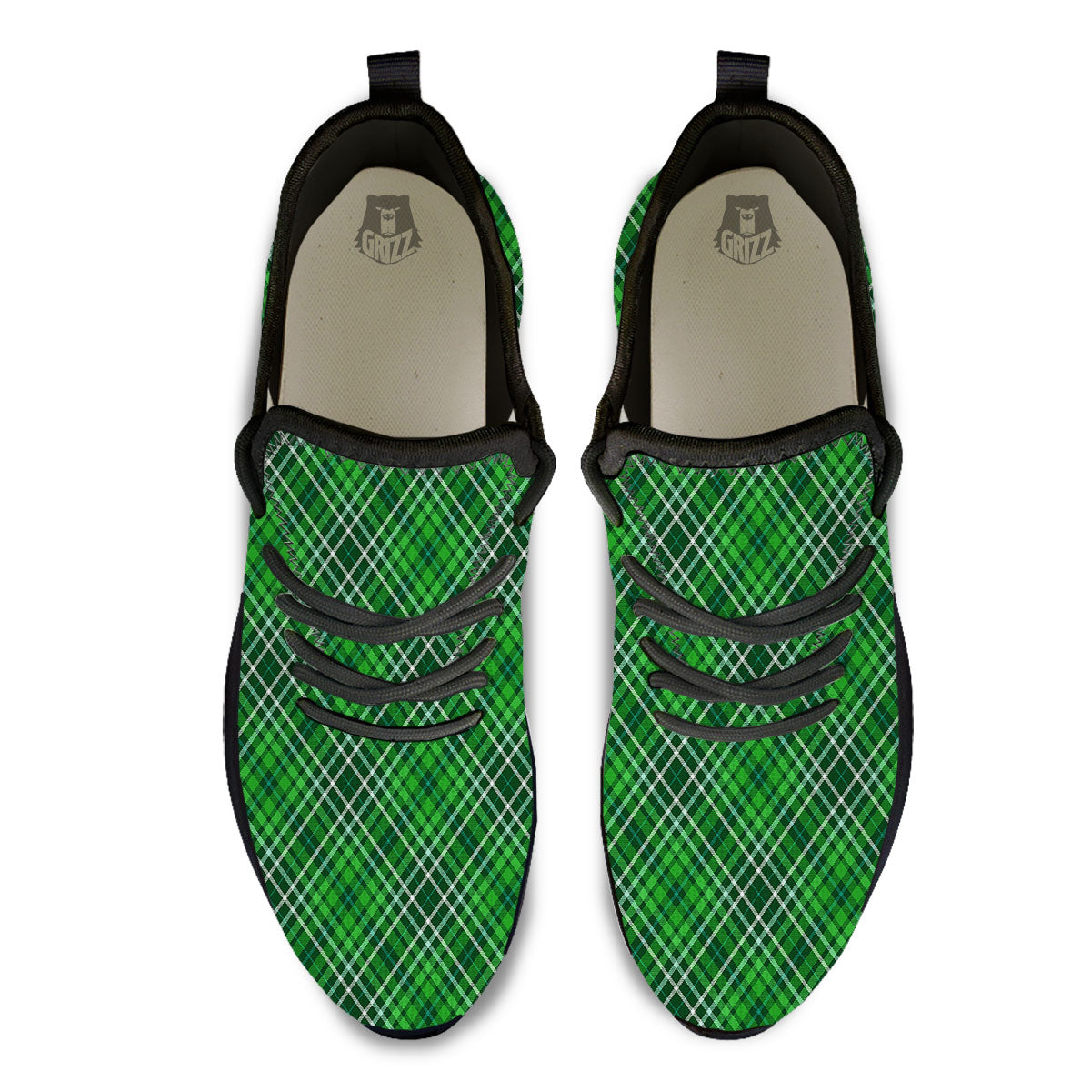 White And Green Plaid Print Pattern Black Athletic Shoes-grizzshop