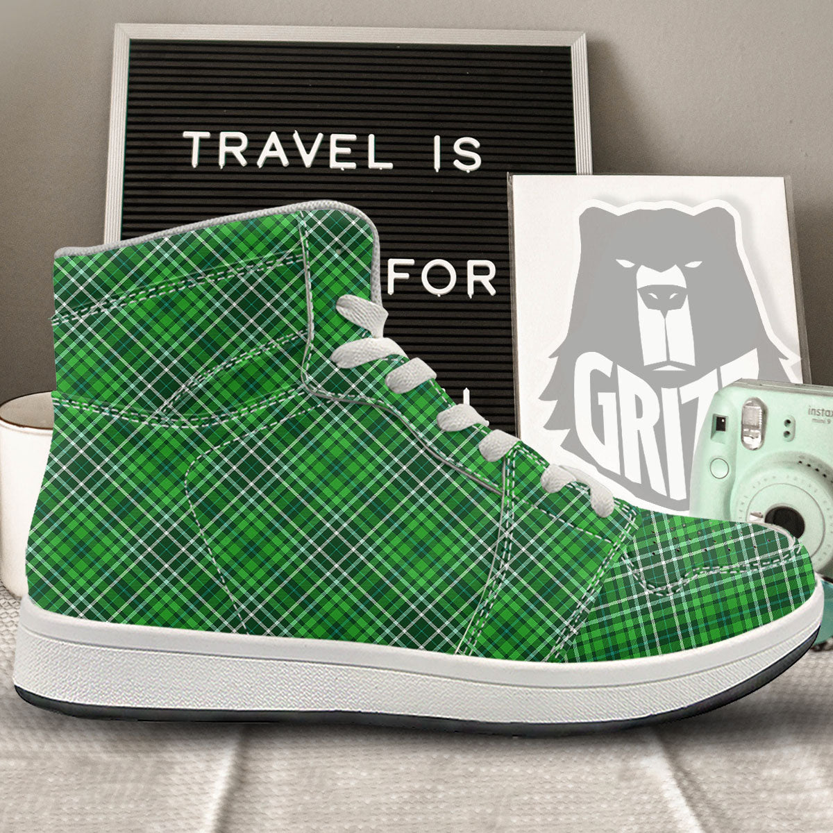 White And Green Plaid Print Pattern High Top Sneakers-grizzshop