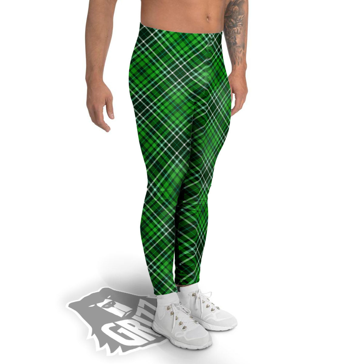 White And Green Plaid Print Pattern Men's Leggings-grizzshop