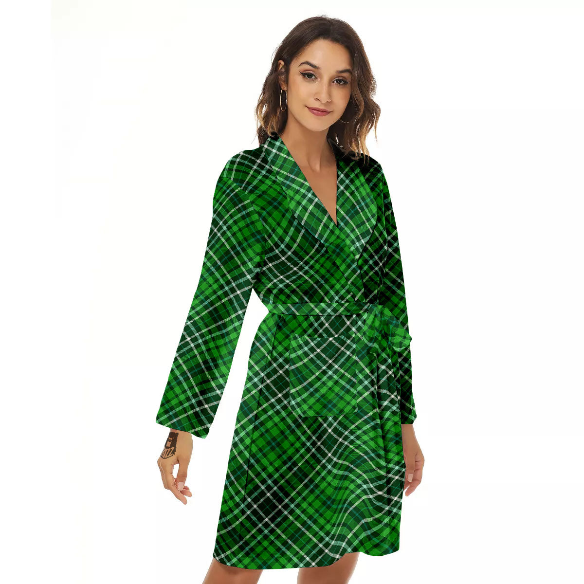 White And Green Plaid Print Pattern Women's Robe-grizzshop