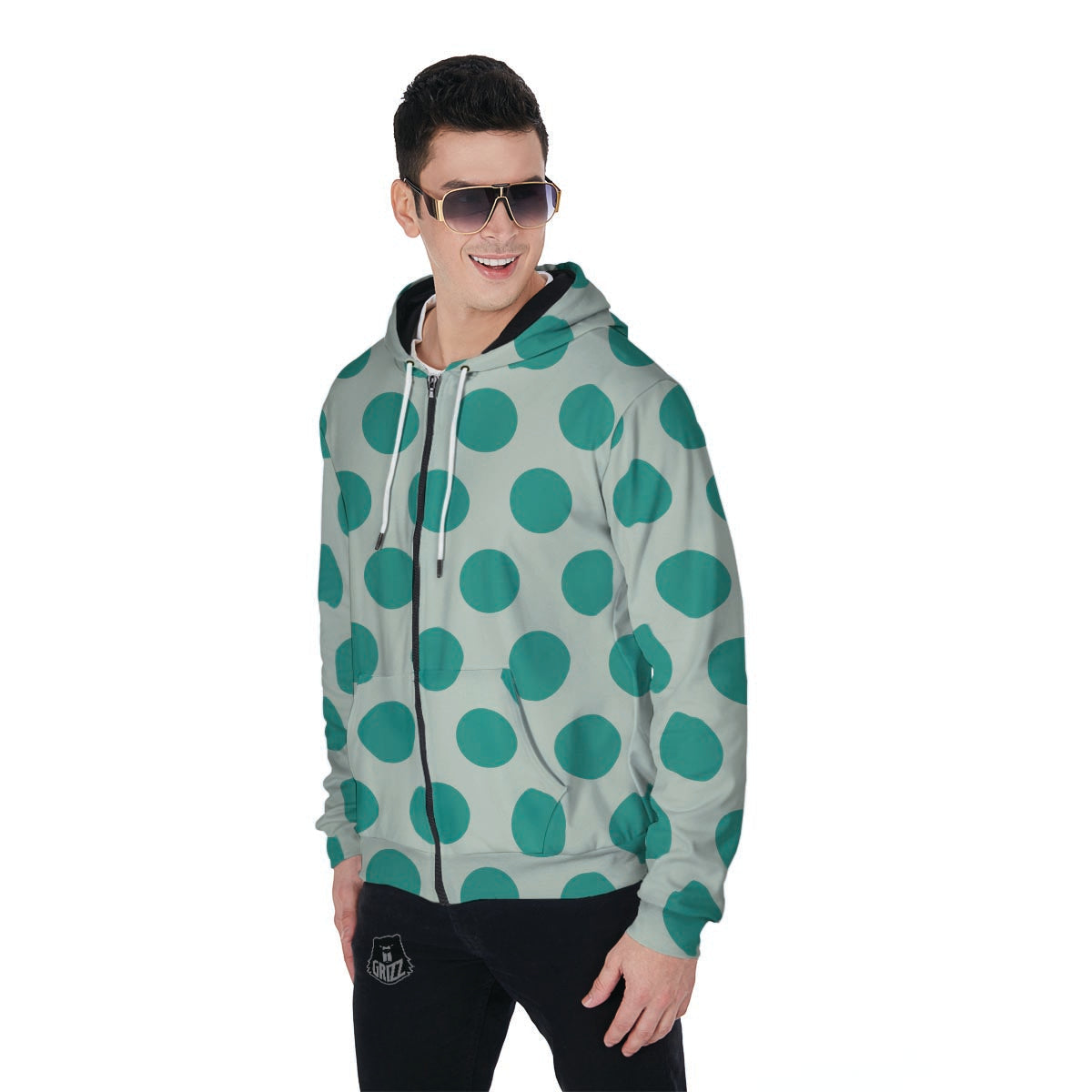 White And Green Polka Dot Men's Zip Up Hoodie-grizzshop