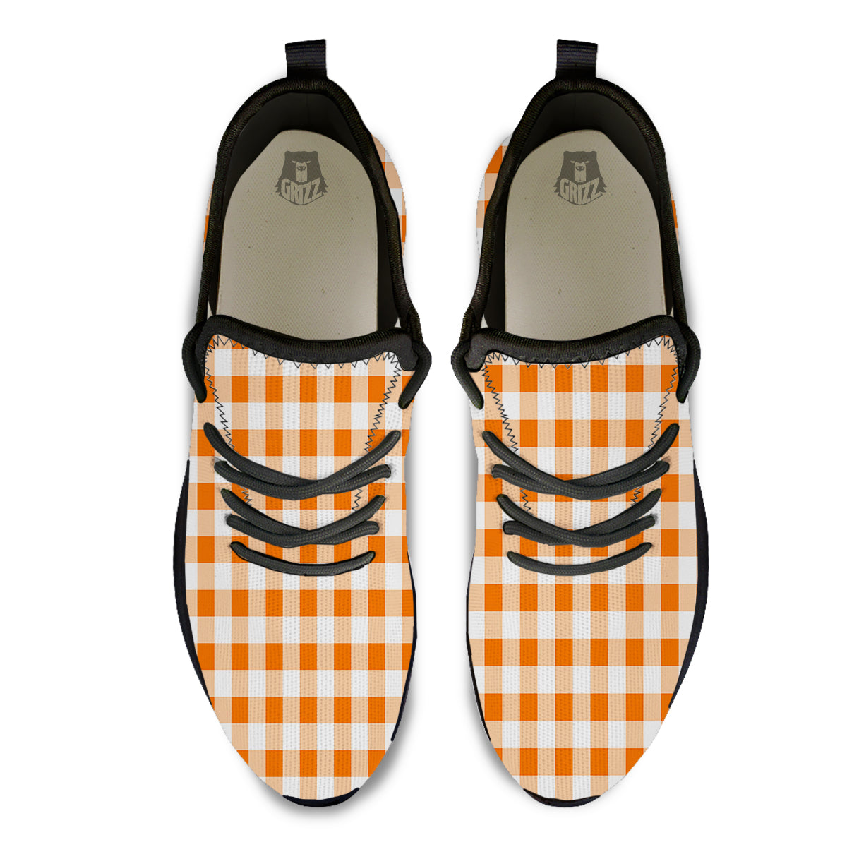 White And Orange Check Print Pattern Black Athletic Shoes-grizzshop