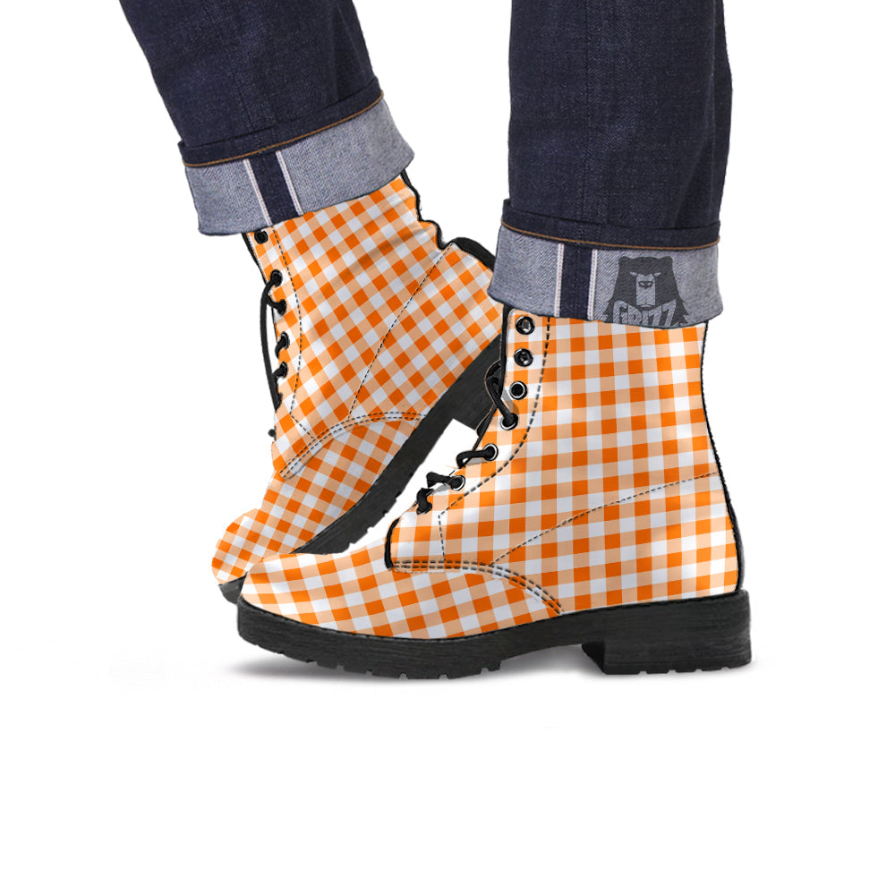 White And Orange Check Print Pattern Leather Boots-grizzshop