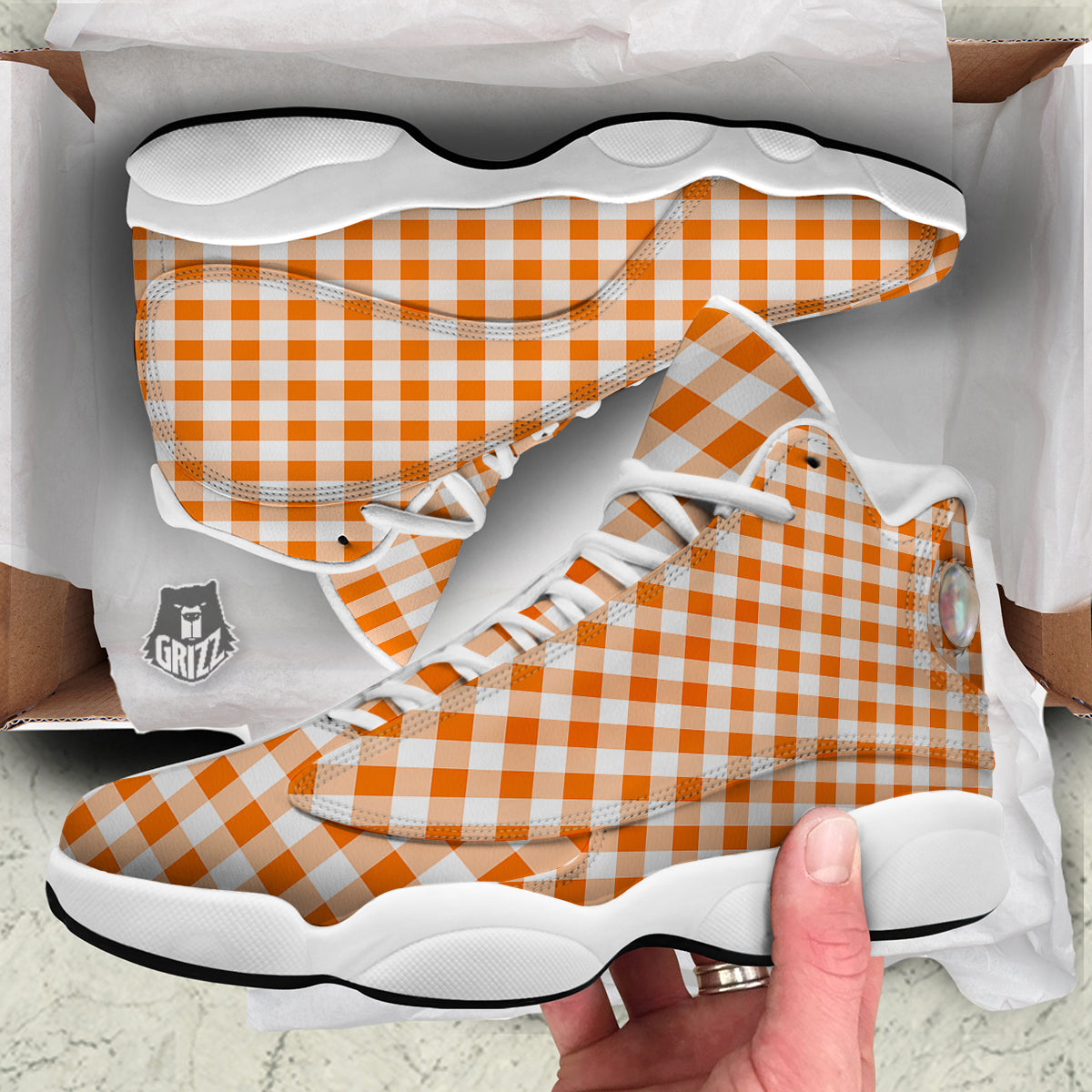 White And Orange Check Print Pattern White Basketball Shoes-grizzshop