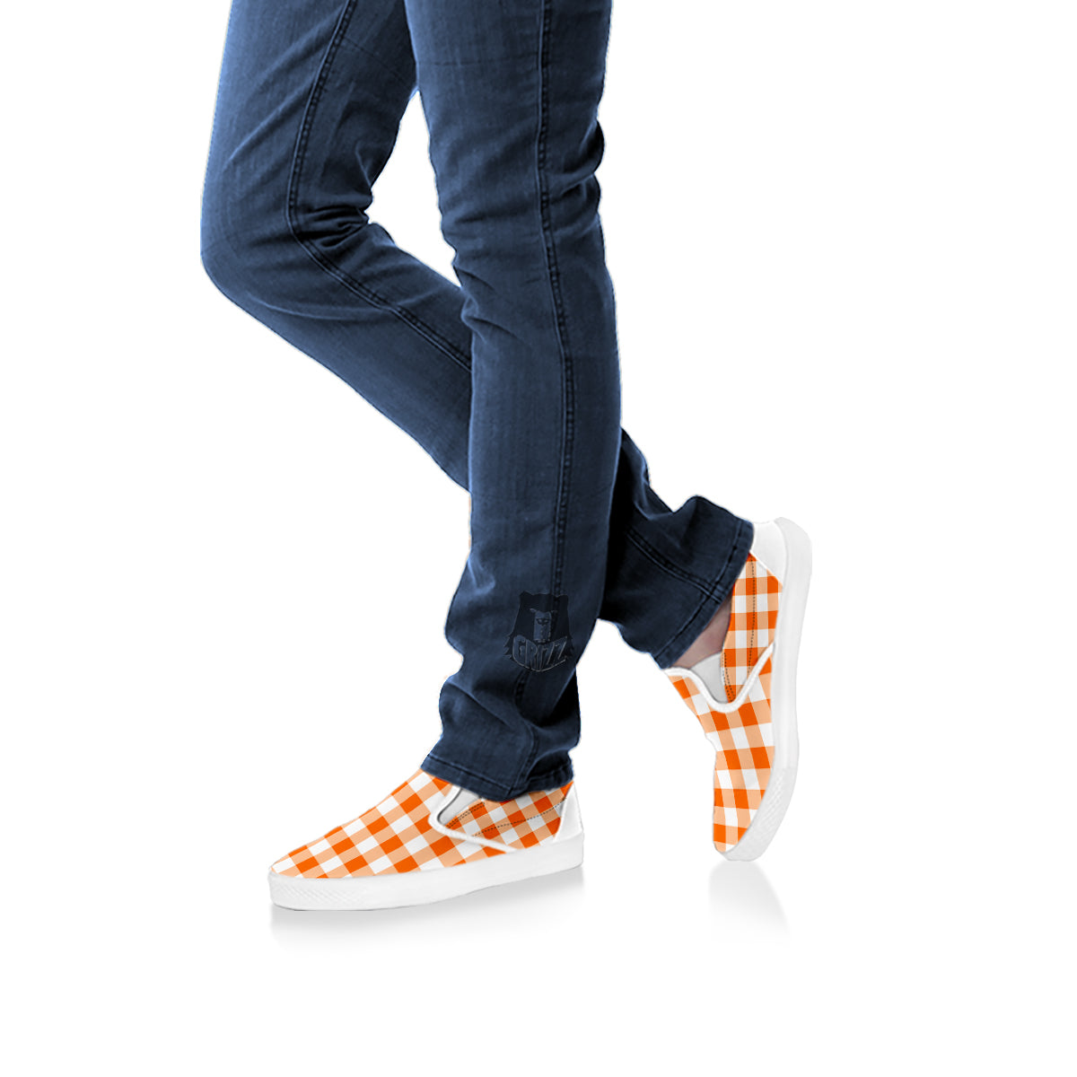 White And Orange Check Print Pattern White Slip On Shoes-grizzshop