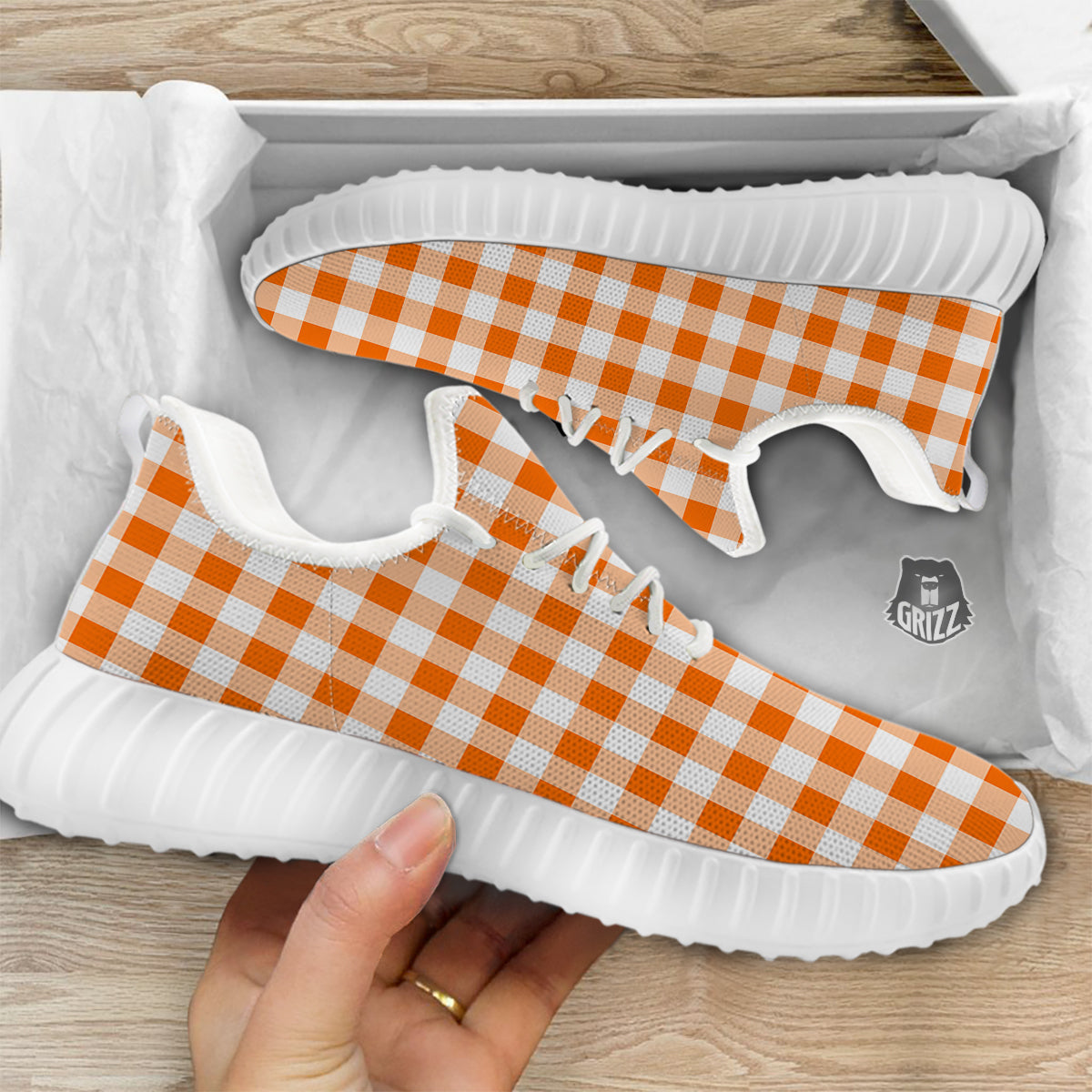 White And Orange Check Print Pattern White Walking Shoes-grizzshop