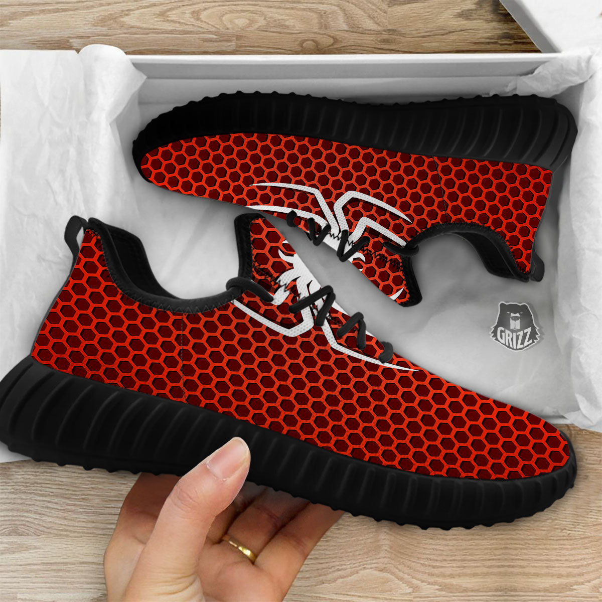 White And Red Spider Print Black Walking Shoes-grizzshop