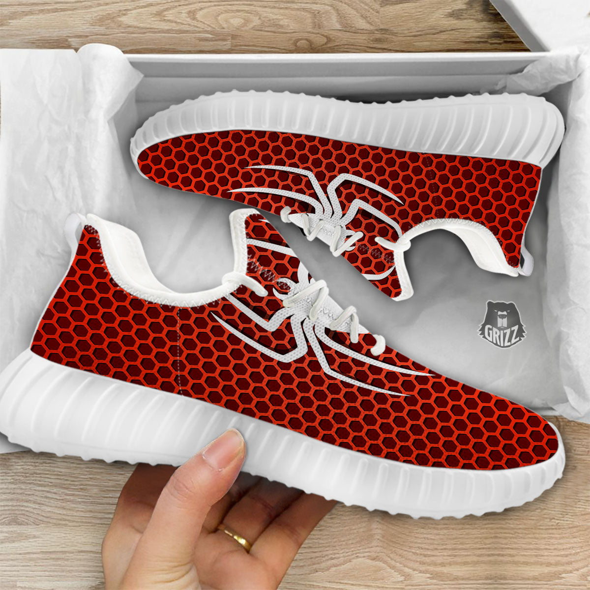 White And Red Spider Print White Walking Shoes-grizzshop