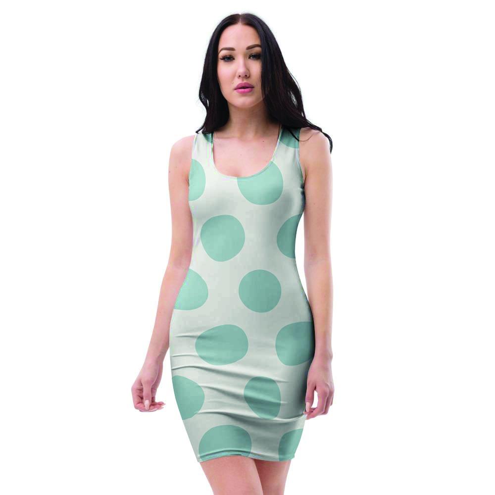 White And Turquoise Polka Dot Bodycon Dress-grizzshop