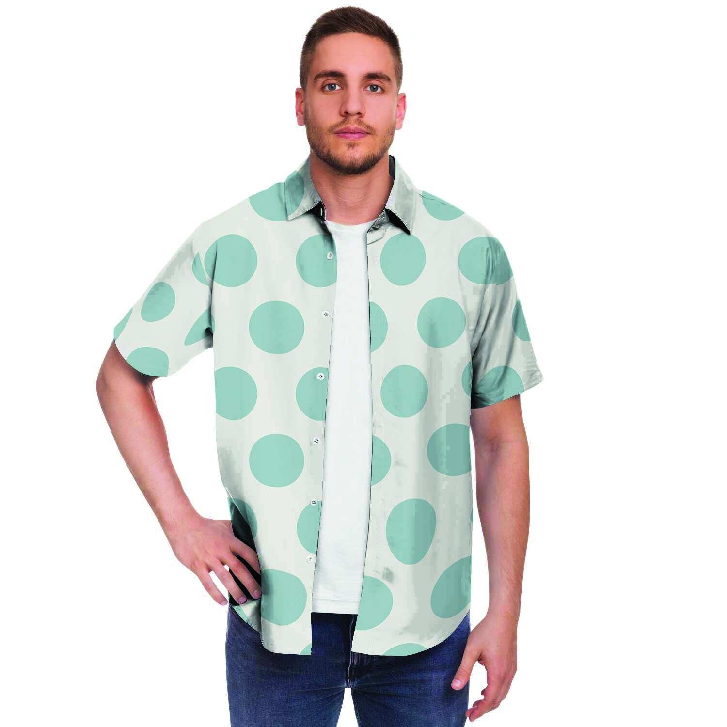 White And Turquoise Polka Dot Men's Short Sleeve Shirt-grizzshop