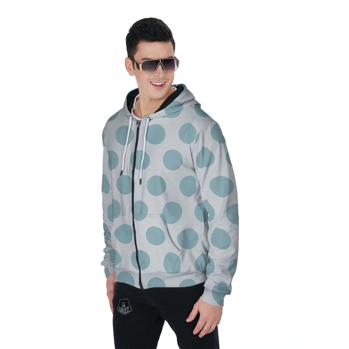 White And Turquoise Polka Dot Men's Zip Up Hoodie-grizzshop