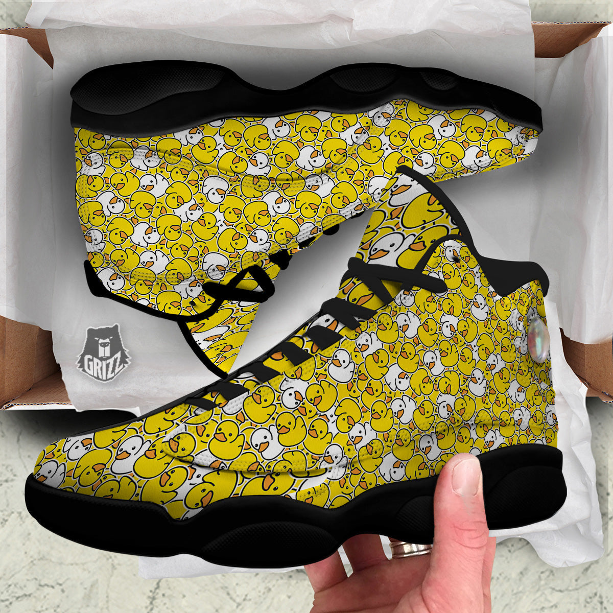 White And Yellow Duck Rubber Print Pattern Black Basketball Shoes-grizzshop