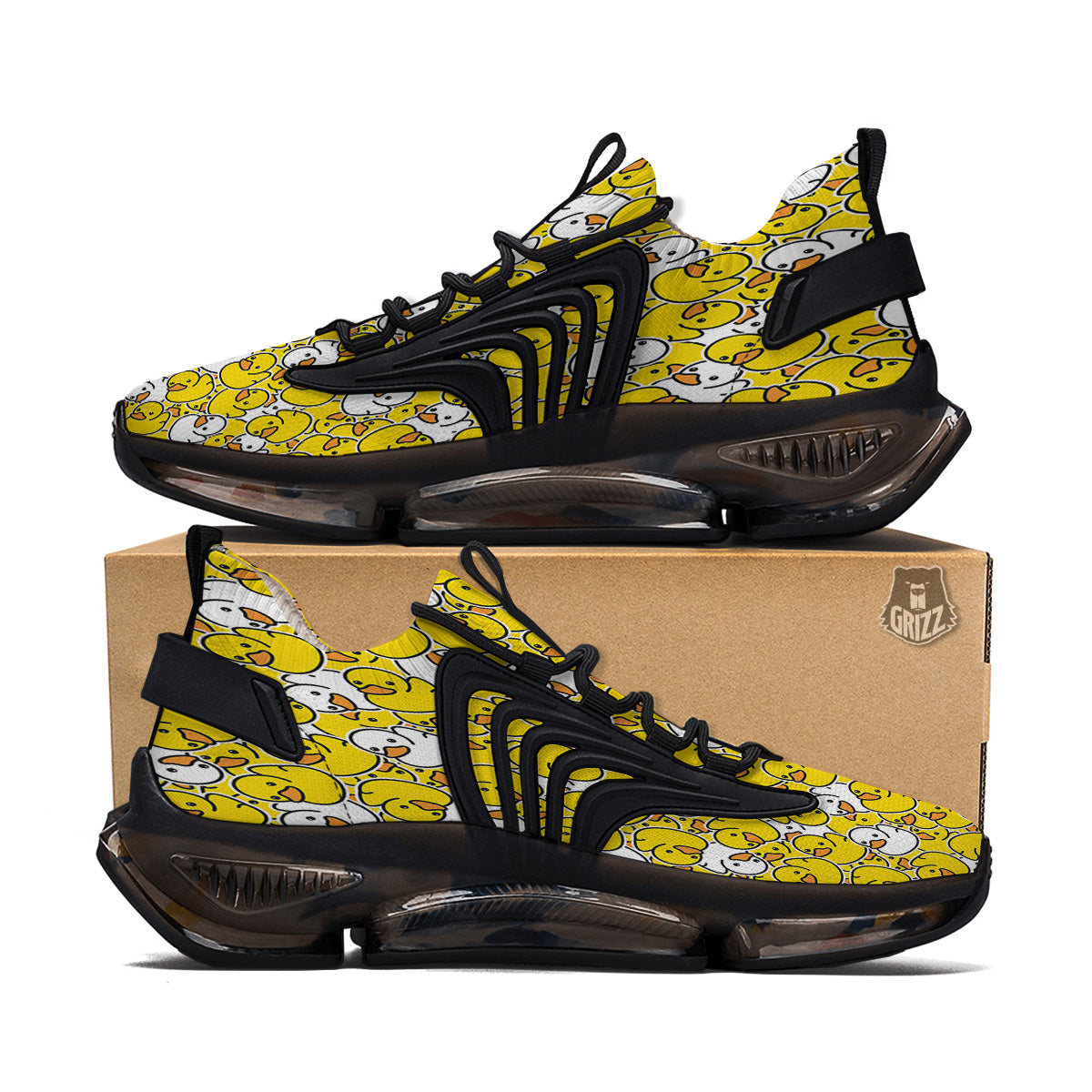 White And Yellow Duck Rubber Print Pattern Black Gym Shoes-grizzshop