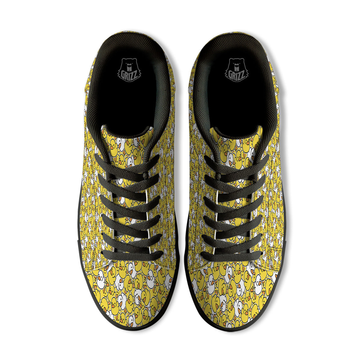 White And Yellow Duck Rubber Print Pattern Black Low Top Sneakers-grizzshop