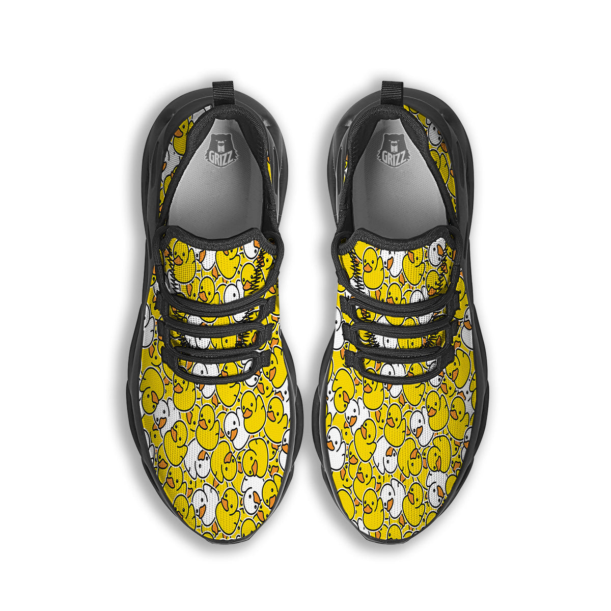 White And Yellow Duck Rubber Print Pattern Black Running Shoes-grizzshop