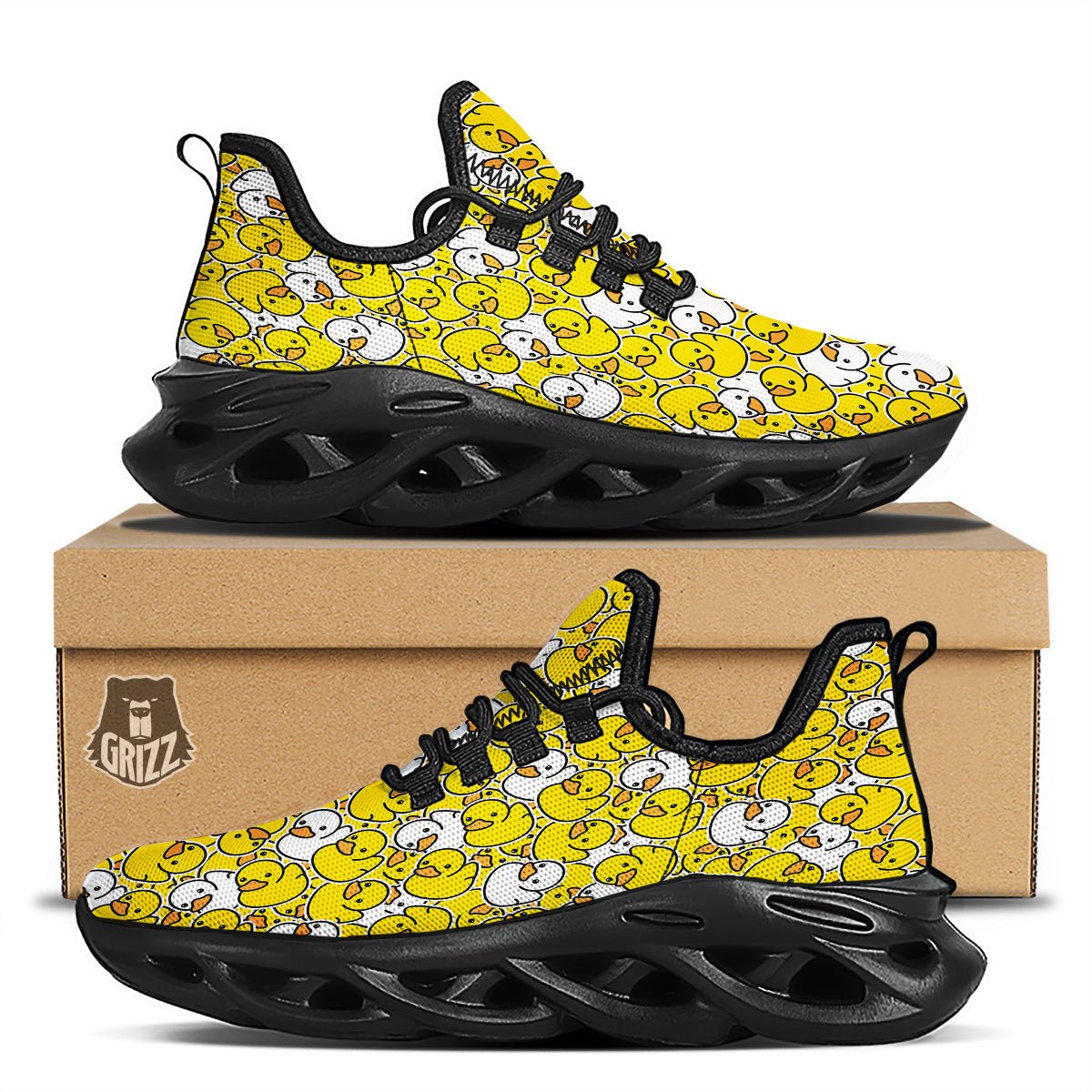 White And Yellow Duck Rubber Print Pattern Black Running Shoes-grizzshop