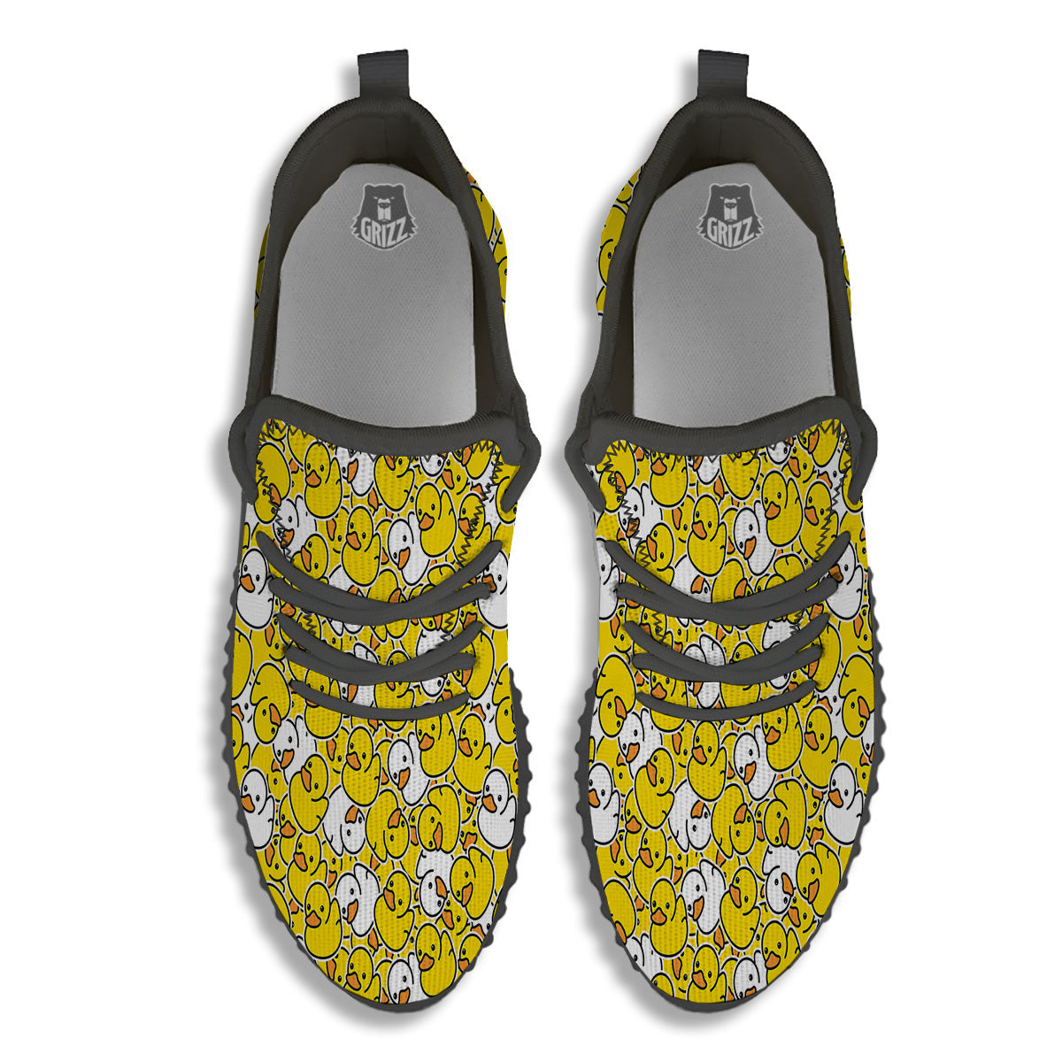 White And Yellow Duck Rubber Print Pattern Black Walking Shoes-grizzshop