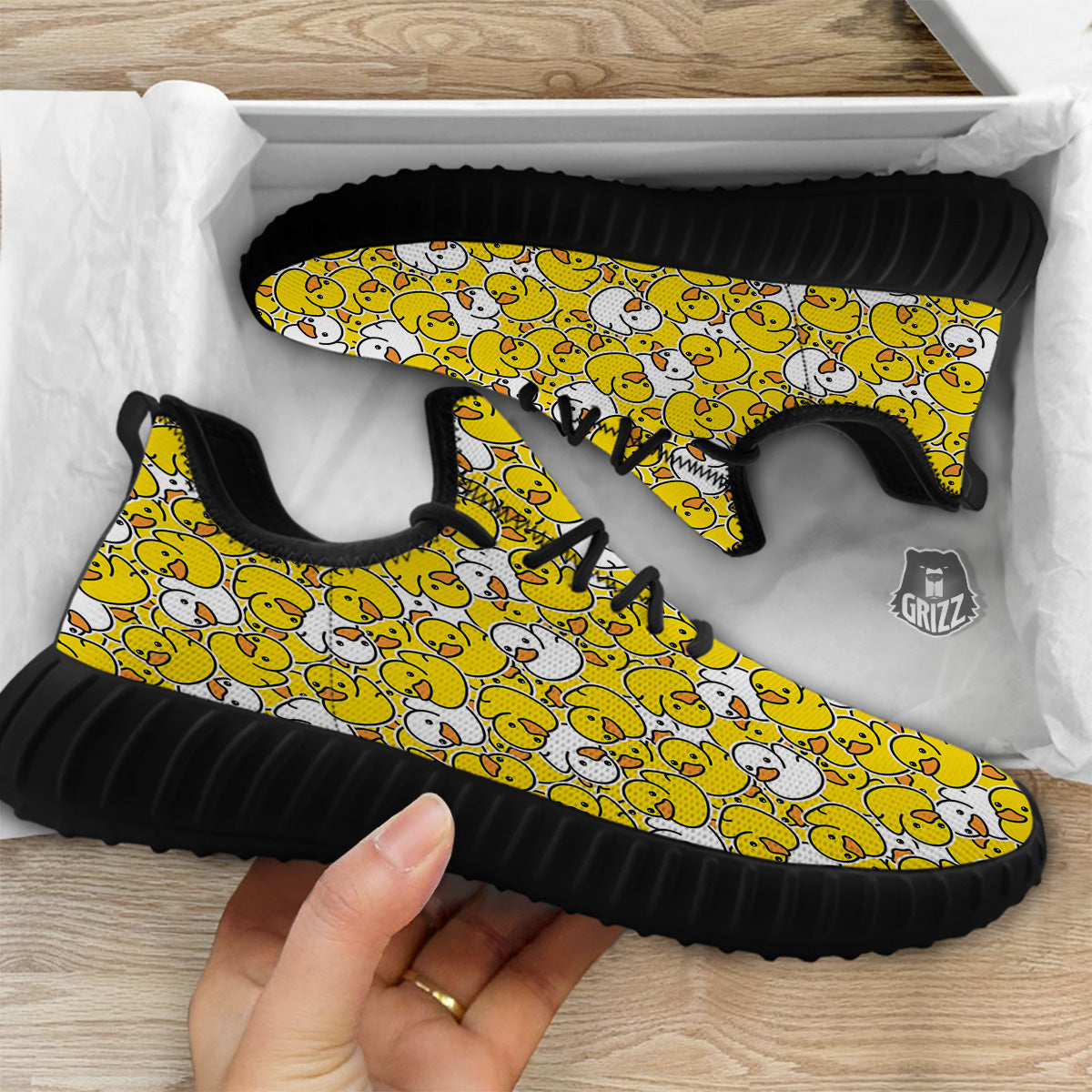 White And Yellow Duck Rubber Print Pattern Black Walking Shoes-grizzshop
