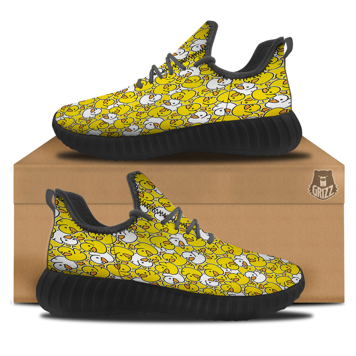 White And Yellow Duck Rubber Print Pattern Black Walking Shoes-grizzshop
