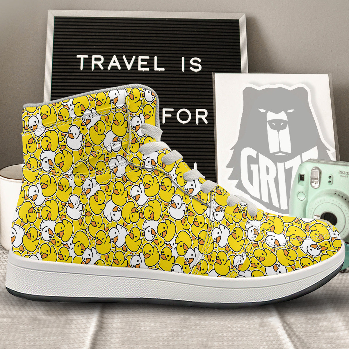 White And Yellow Duck Rubber Print Pattern High Top Sneakers-grizzshop