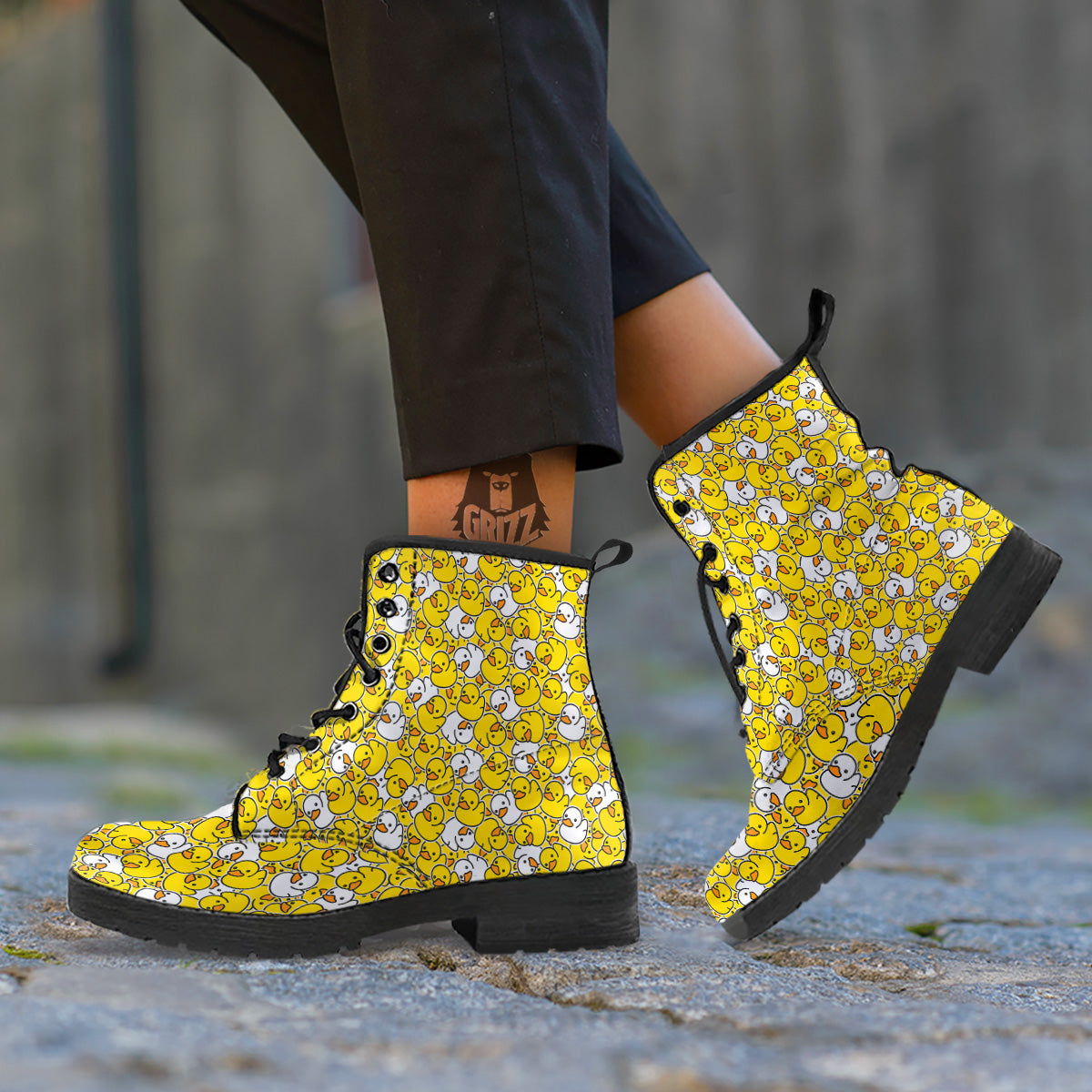 White And Yellow Duck Rubber Print Pattern Leather Boots-grizzshop